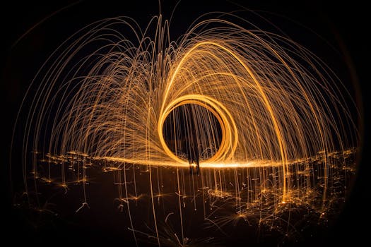 Stunning long exposure shot of steel wool light painting creating bright, glowing arcs in the night.